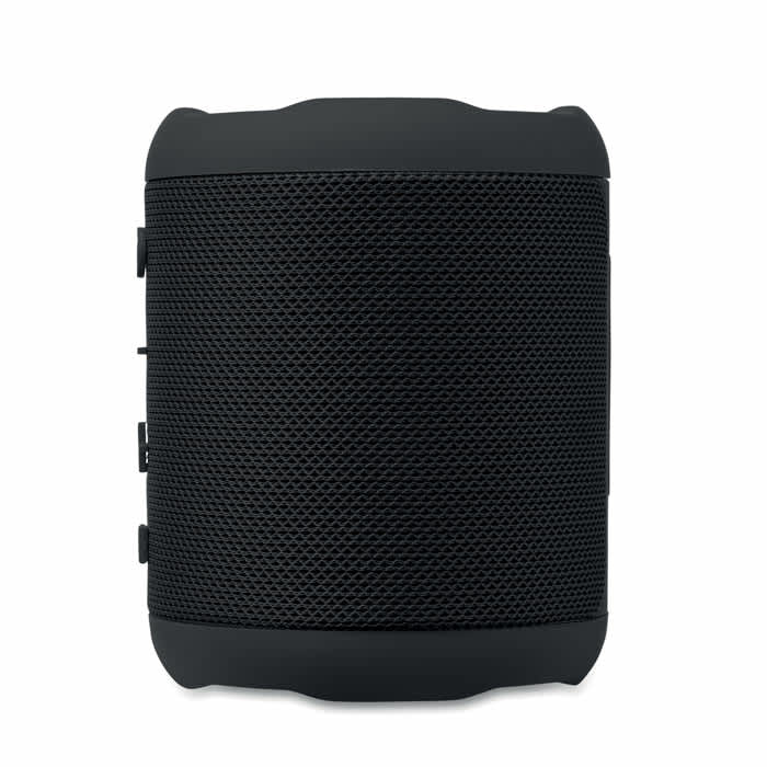 A portable black speaker with a textured mesh surface and control buttons on the side.