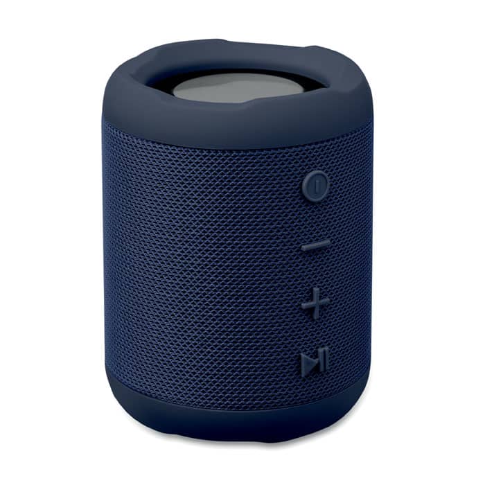 A portable speaker in navy blue with a textured surface and control buttons on the side, featuring a logo.
