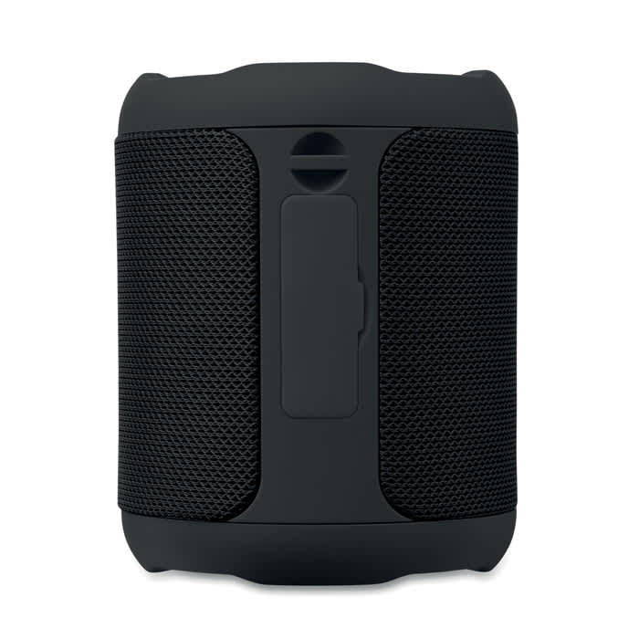 A portable speaker in black with a textured surface and a central control panel. It features a logo.