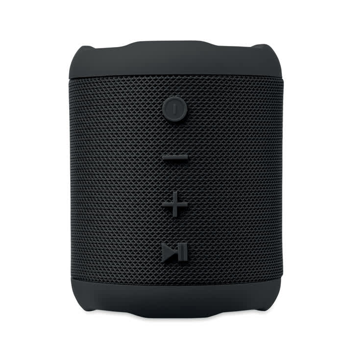 A portable speaker in black with a textured exterior and control buttons on the front. It features a logo.
