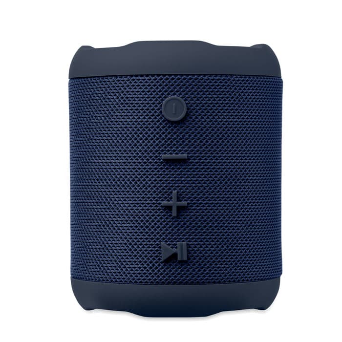 A portable speaker in navy blue featuring control buttons and a textured grille, with a branded logo.