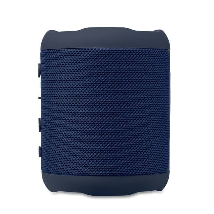 A drink bottle in navy blue with a textured surface and a logo. Features buttons on the side.