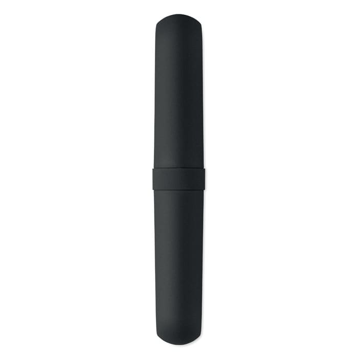 A sleek, black drink bottle with a smooth, matte finish and a minimalist design. It features a logo on the side.
