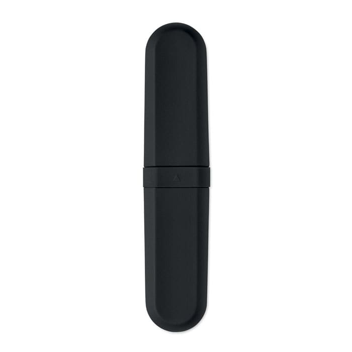 A black drink bottle with a sleek, minimalist design and a prominent logo on the side.