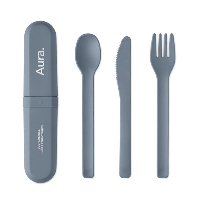 A grey cutlery set including a spoon, fork, and knife, stored in a matching case with a logo.