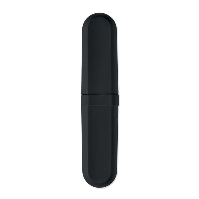 A drink bottle in sleek black with a minimalist design and a logo on its surface.