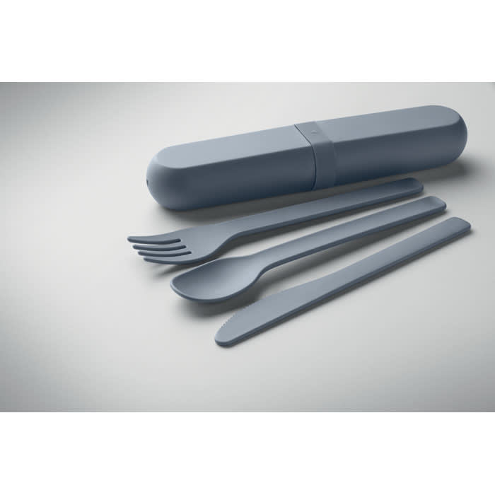A grey utensil set featuring a knife, fork, spoon, and a storage case. The case has a smooth, cylindrical shape.