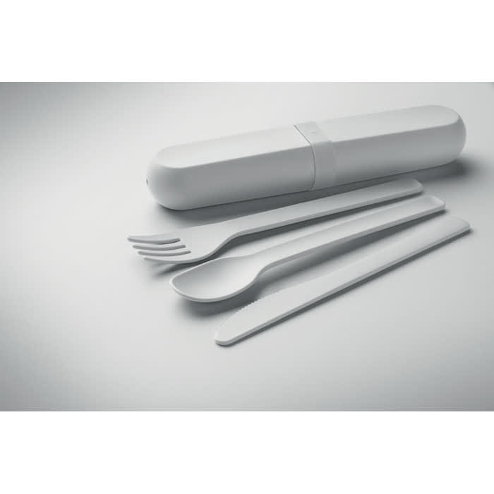 A white container with a logo, holding a fork, spoon, and knife, all in matching white.