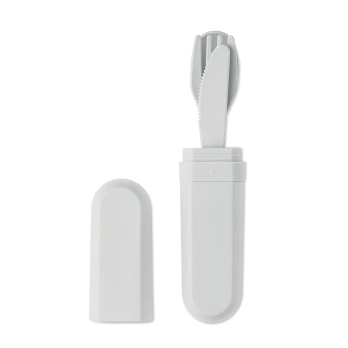A compact, white utensil set with a fork and knife, neatly stored in a matching case.