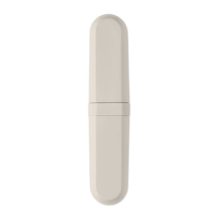 A drink bottle in a sleek, light beige design, featuring a smooth, rounded shape and a simplistic logo.