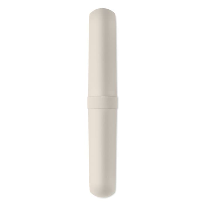 A drink bottle in a minimalist design, featuring a soft cream colour. The bottle has a logo on its surface.