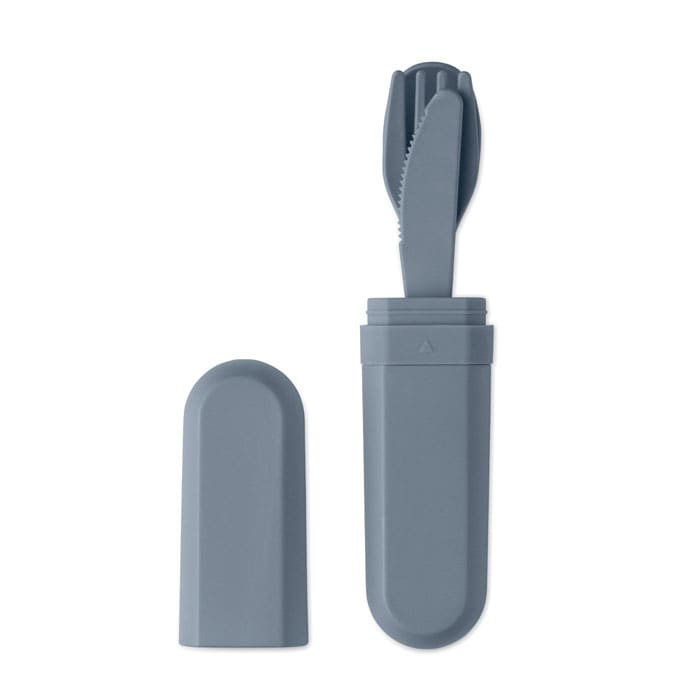 A portable utensil set in grey, featuring a fork, knife, and spoon, stored in a compact case.