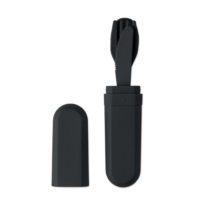 A portable gadget in black, featuring a multi-use utensil with a spoon and fork, stored in a sleek casing.