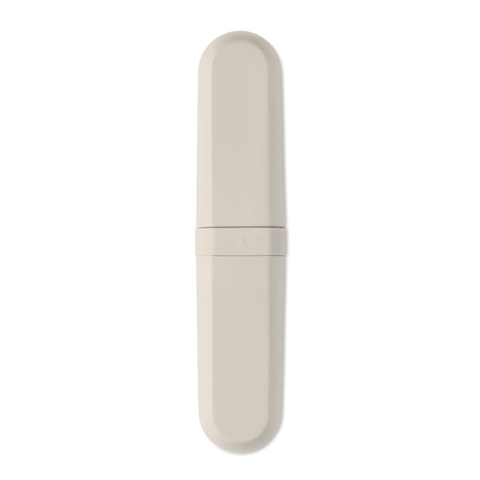 A drink bottle in a sleek, neutral beige colour with a minimalist design and a logo on the side.