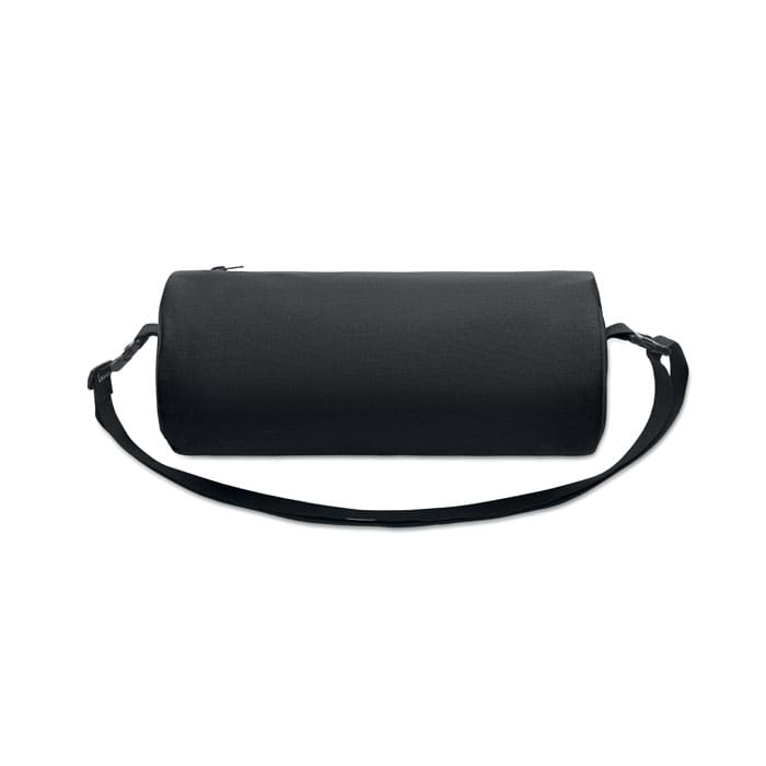 A black cylindrical bag with a shoulder strap, featuring a zipper closure and a simple design.