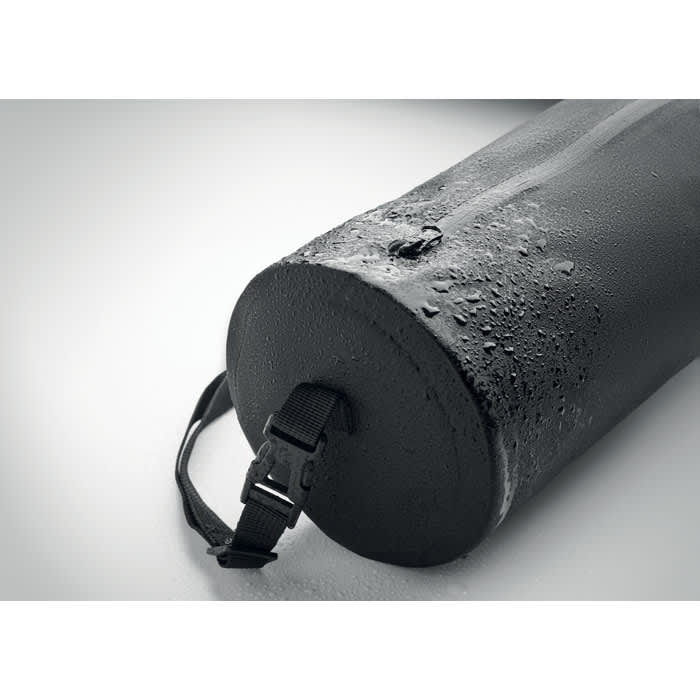 A black drink bottle with a textured surface, featuring a strap and water droplets. It includes a logo.