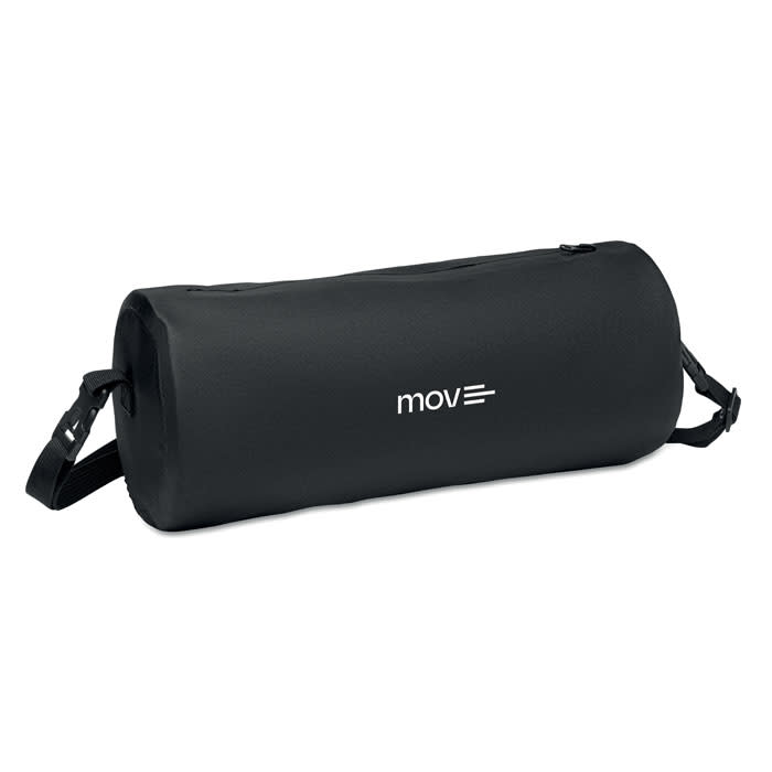 A drink bottle in a sleek black design with a carrying strap and a small logo.
