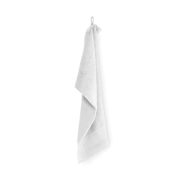 A white towel hanging on a hook, featuring a simple, soft texture and a folded design.