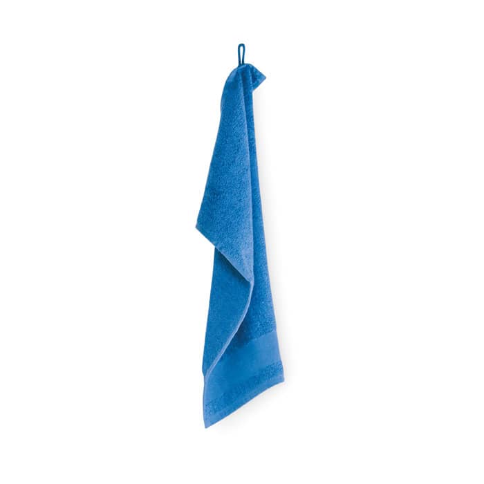 A blue towel hanging on a hook, featuring a loop for easy storage.