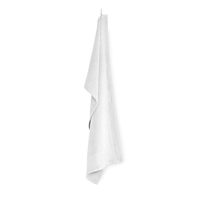 A white towel hanging against a plain background, featuring a simple and sleek design.