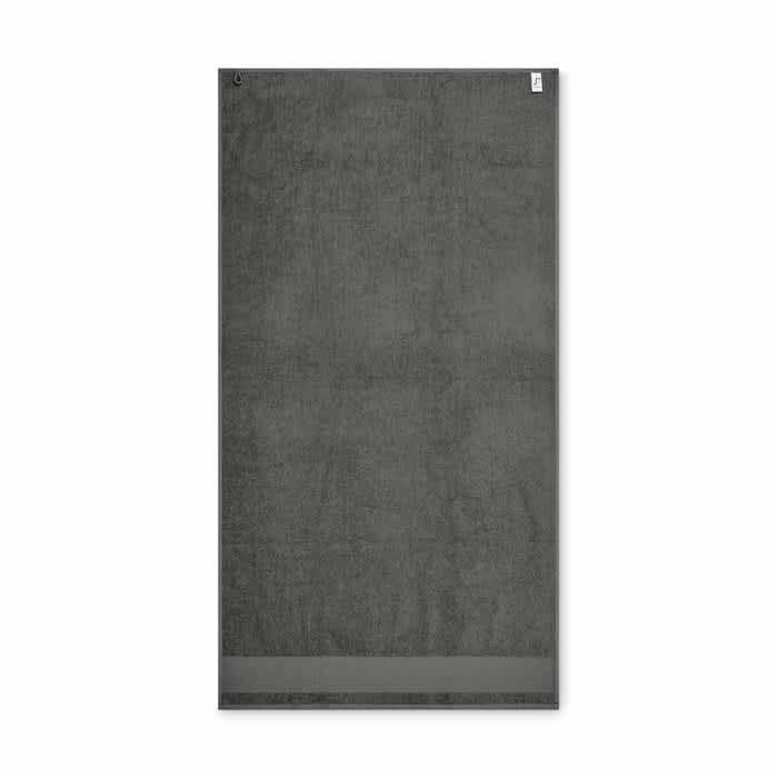 A grey promotional towel featuring a loop for hanging and a logo at the top.