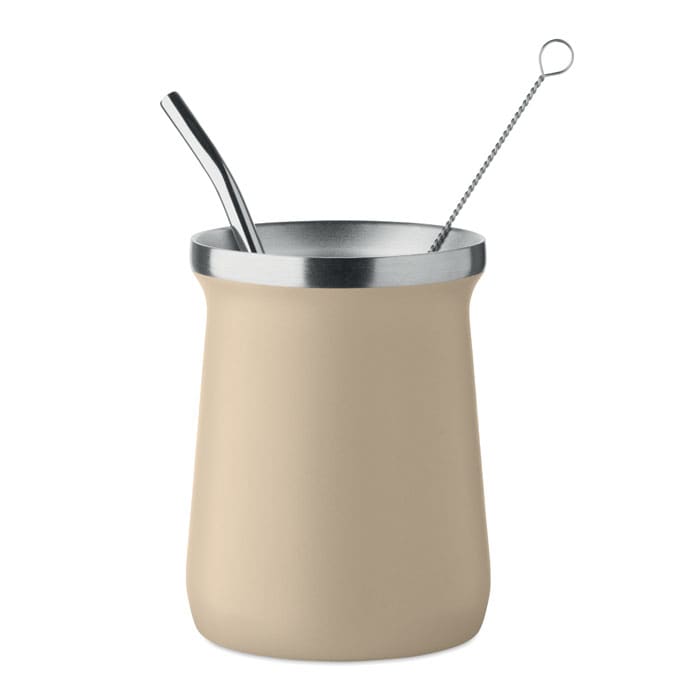 A drink bottle in a light beige colour with a stainless steel top and straw, featuring a stirring tool.