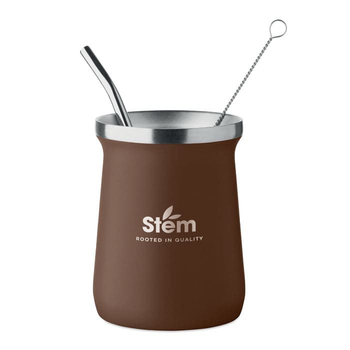 A drink bottle in brown with a stainless steel straw and a mixing tool, featuring a logo on the side.