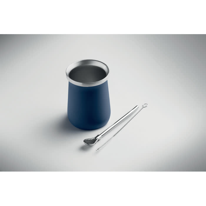 A drink bottle in deep blue with a stainless steel rim and accompanying silver tongs, featuring a logo.