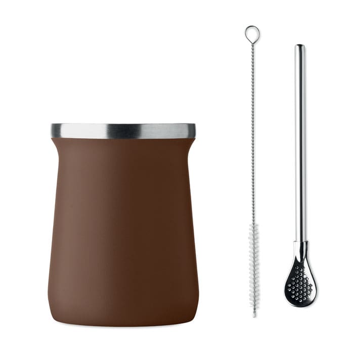 A brown drink bottle with a stainless steel lid, accompanied by a cleaning brush and a stirring spoon.