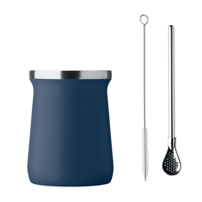 A drink bottle in navy blue with a stainless steel lid, accompanied by a stainless steel stirring spoon and cleaning brush.