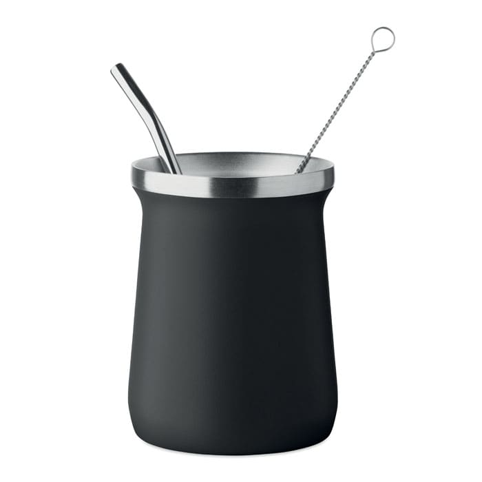 A black drink bottle with a stainless steel rim, a straw, and a stirring spoon. It features a logo.