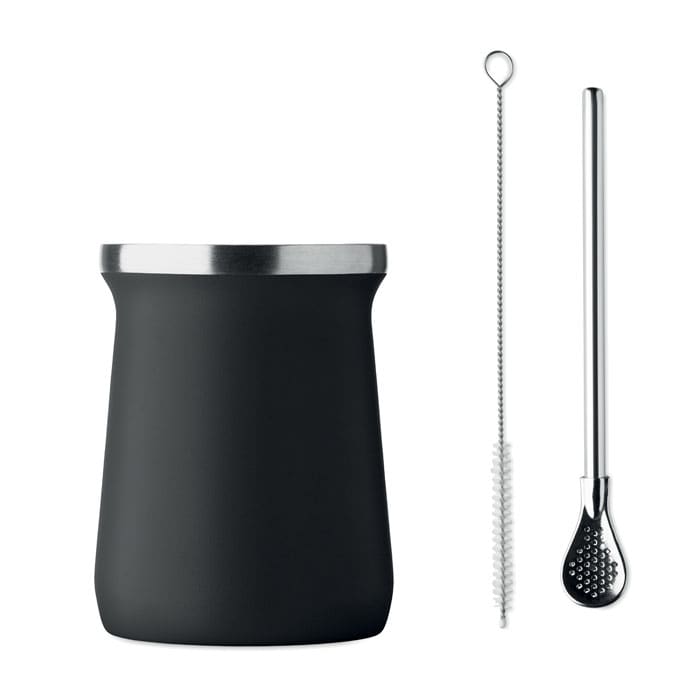 A drink bottle in matte black with a stainless steel rim, accompanied by a metal straw and a cleaning brush.