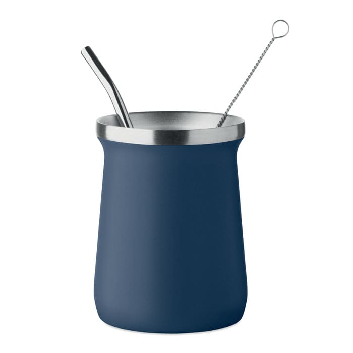A drink bottle in navy blue with a stainless steel rim and a metal straw, featuring a stirring stick.