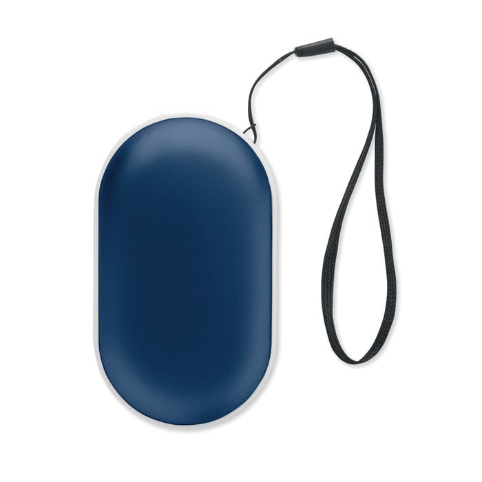 A navy blue drink bottle with a smooth oval shape and a black wrist strap. It features a logo on the side.