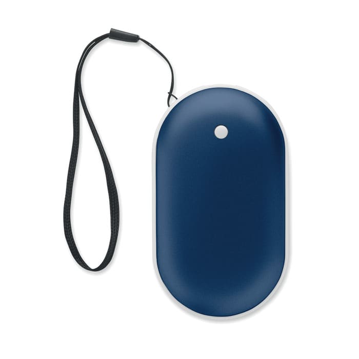 A navy blue drink bottle with a rounded shape and a wrist strap. It features a small top button and a smooth finish.