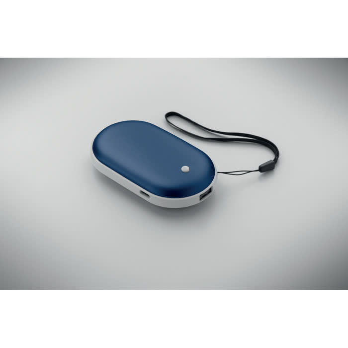 A blue and white compact product case with a wrist strap and a small button, featuring a logo.