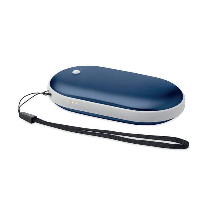 A navy blue and white portable charging case with a black wrist strap and a small LED indicator.