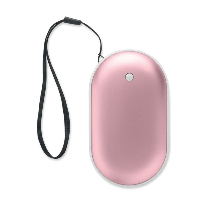 A drink bottle in a sleek pink design, featuring a strap for easy carrying and a logo on the surface.