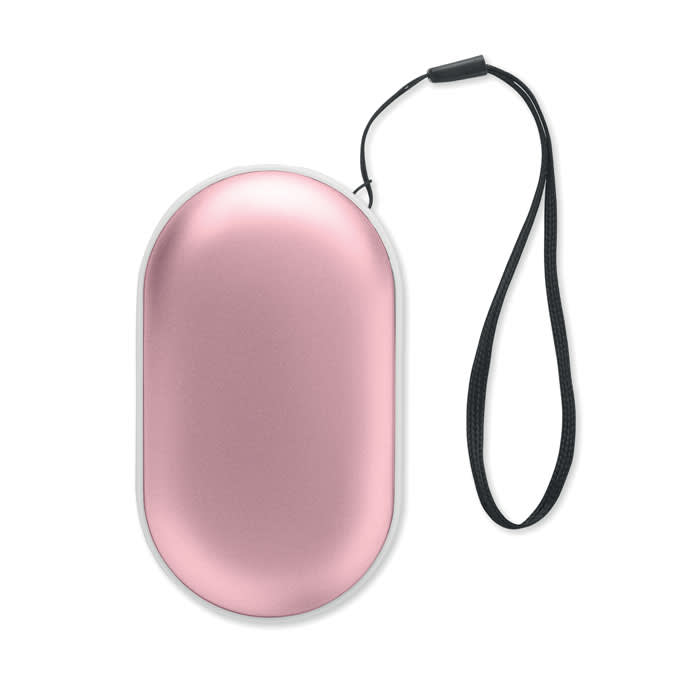 A pink oval-shaped product case with a black strap, featuring a smooth metallic finish.