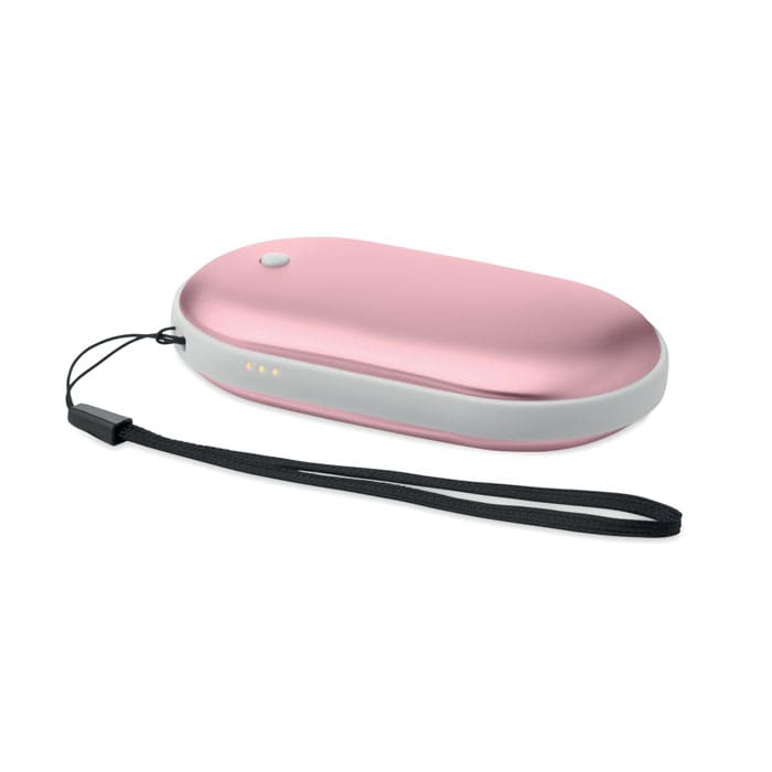 A portable case in pink and white with a wrist strap, featuring a logo and indicator lights.