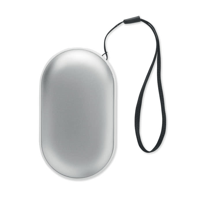 A drink bottle in silver with an oval shape and a black wrist strap attached. Features a branding logo.