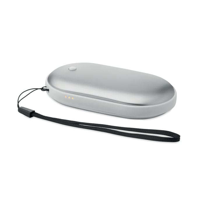A sleek silver case with a strap, featuring a button and indicator lights.