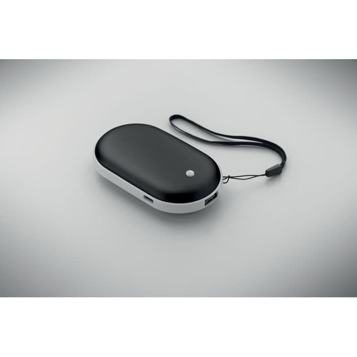 A sleek black and white portable charging case with a strap, featuring a minimalistic design and a logo.