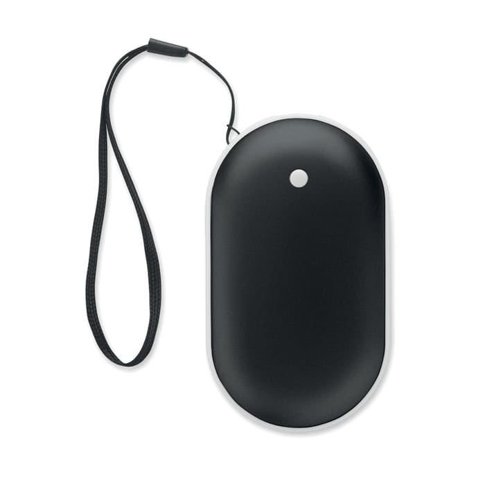 A black promotional item with a smooth finish and a strap attached. It features a small button on the front.