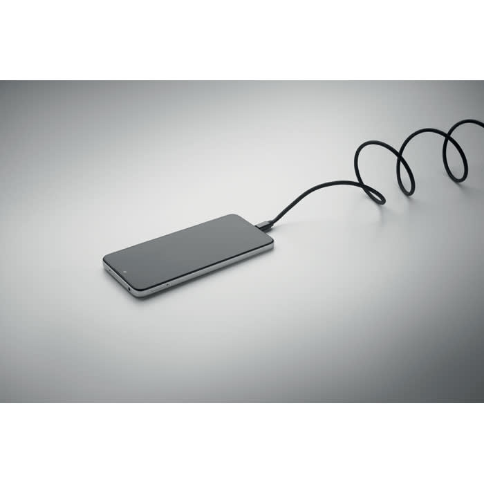 A drink bottle in a sleek design with a dark grey finish, featuring a logo and a charging cable attached.