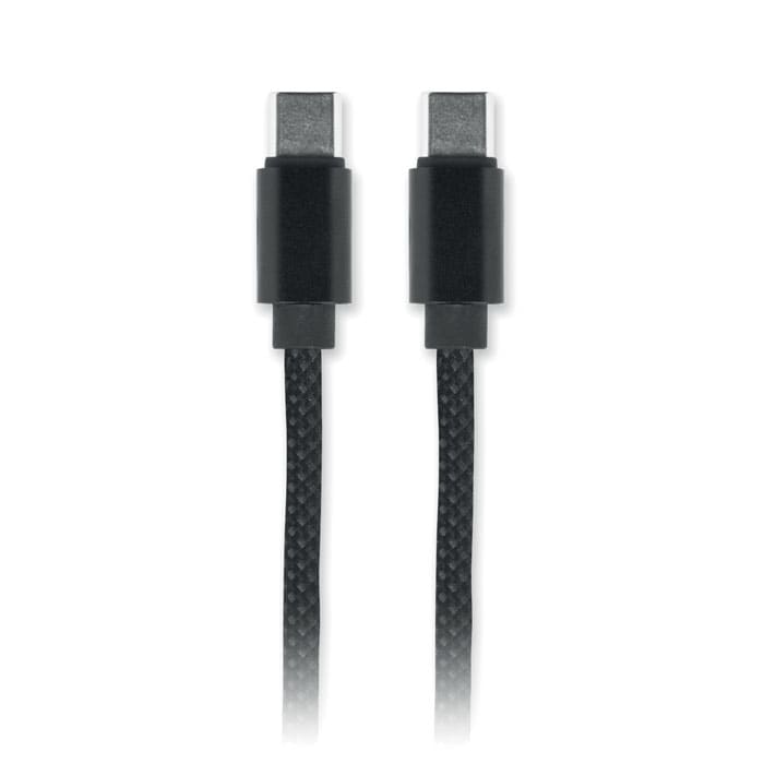 A braided black charging cable with connectors on both ends. It features a textured black design.