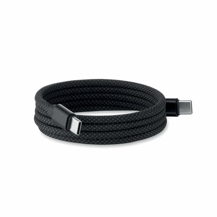 A braided black charging cable with USB-C connectors on both ends, coiled neatly.