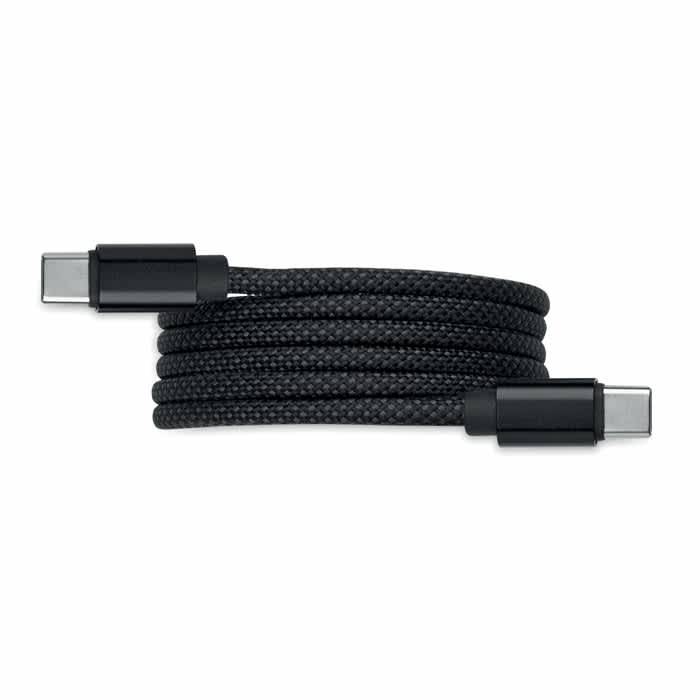 A braided black USB-C charging cable with connectors on both ends. It features a durable woven exterior.