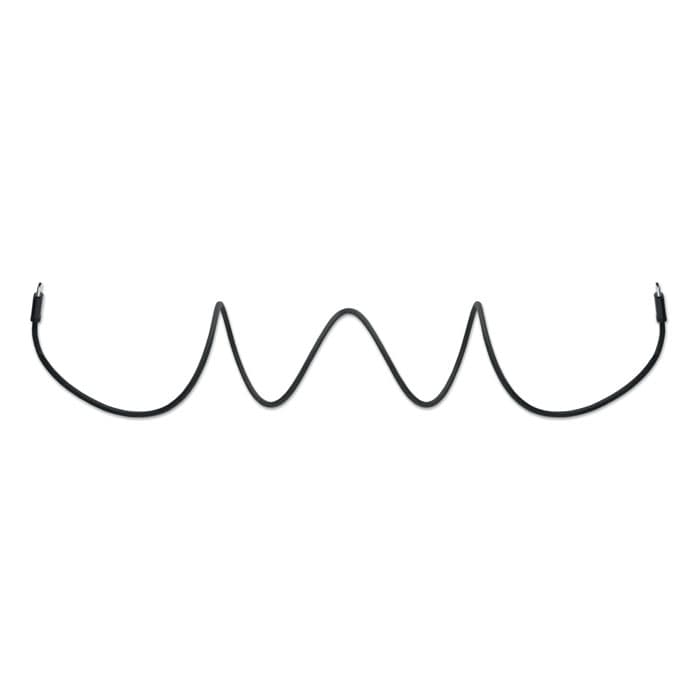 A flexible black cable with connectors at both ends, arranged in a wavy shape.