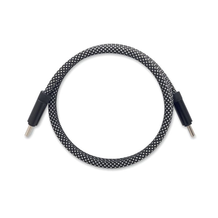 A black and white braided cable with connectors on both ends, featuring a textured design.